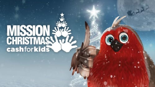Image shows a robin raising wing like a thumbs up. Santa is flying across a moon in sleigh. A white tree shape made of Kids handprints. It says Mission Christmas Cash for kids 2023.