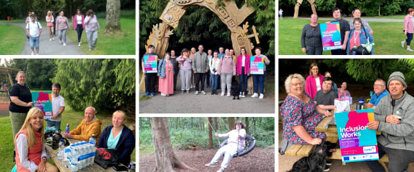 Image shows a collage of service users and staff standing under a wooden arch at Gosford Forest, sitting at picnic tables in the park, a service user on a swing smiling happily and a group walking down a trail in the park.