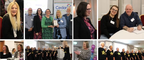 Image shows a collage of guests at the event. A speaker reading from page. Cedar CEO smiling at guest. Guests looking at camera and smiling. The rock choir singing.