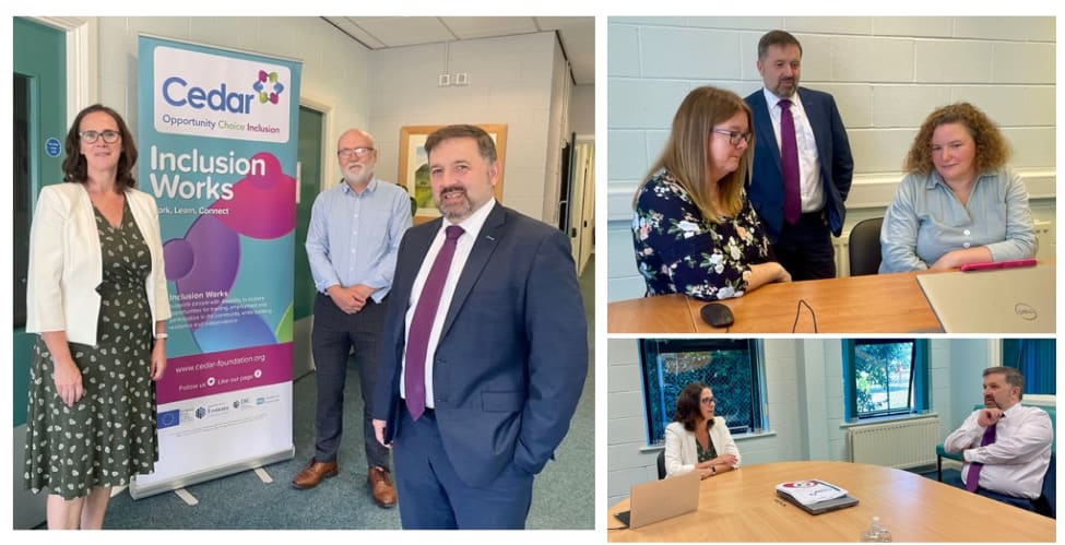 Image shows Health Minister Robin Swann with Elaine Armstrong CEO and Kieran Molloy Head of Employability. Second image shows Robin saw watching service user and Cedar representative working together. Final image shows Elaine Armstrong talking with Robin Swann and conference desk.