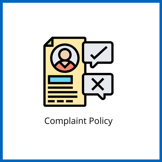 Complaint Policy. Page with tick and x icon. Blue border,