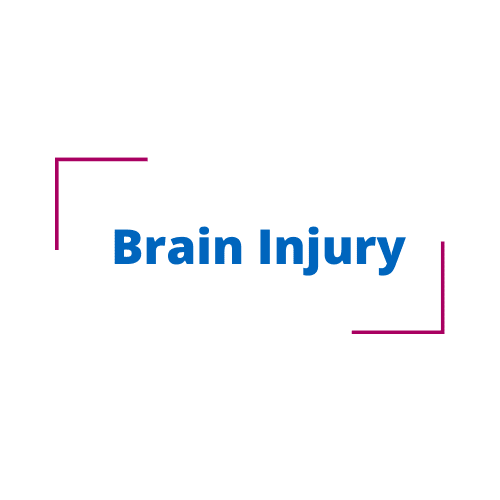 Brain Injury written in blue letters in a part complete pink box.
