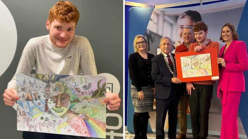 Two Images. On the left Michael holding up his artwork. Colourful modern pencil images showing a face and. Image on right Michael with Head of Credit Union, his mum and the event compare. 