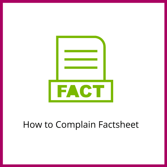Pink border on white box. How to complain factsheet. Page with lines icon.