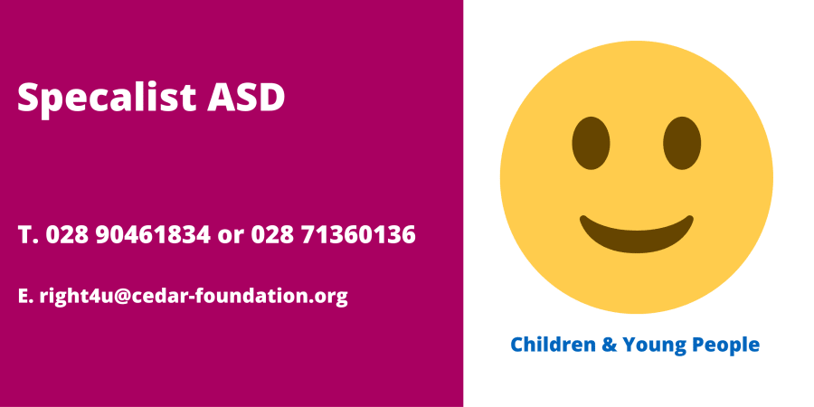 Right4 u children. 028 90461834 or 028 71360136. right4u@cedar-foundation.org. Image shows smiley face and specifies children and young people. If you want more information on right 4 u please click here.